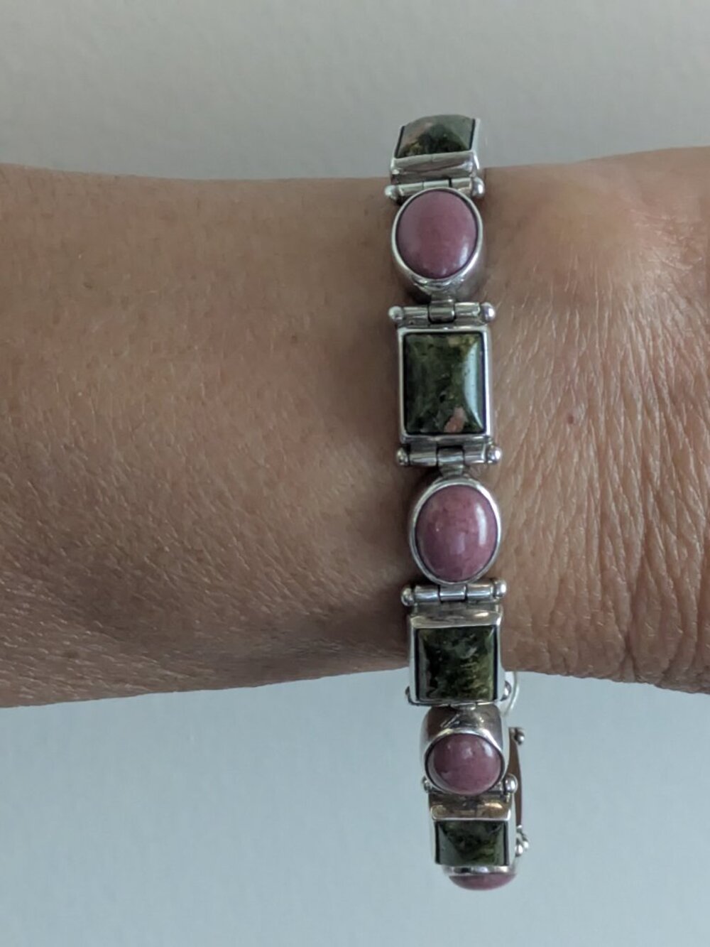 Sajen 925 Sterling Silver Rhodonite Unakite Gemstone Link Bracelet 32.7g